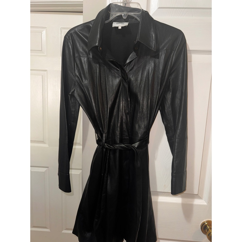 Nanuska Black Faux Leather Shirt Dress Belted Puffed Sleeve Mini - Picture 8 of 11